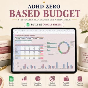 May include: A digital tablet displaying an ADHD Zero-Based Budget spreadsheet in Google Sheets. The screen shows financial tables, a pie chart, and bar graphs. Text on the screen reads ADHD Zero-Based Budget, Stay Focused, Plan Smarter, Live With Intention, and Built In Google Sheets.