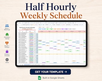 Half Hourly Weekly Schedule Google Sheets | 30-Min Time Blocking Planner | Editable Weekly Planner | 5AM 6AM Undated