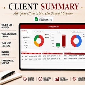 Peut inclure: Une tablette num&eacute;rique affichant un tableau de bord Client Summary pour Google Sheets. L'&eacute;cran pr&eacute;sente des graphiques et des tableaux de suivi des t&acirc;ches, des revenus, des heures et des factures. Le texte inclut Client Summary et Invoices.