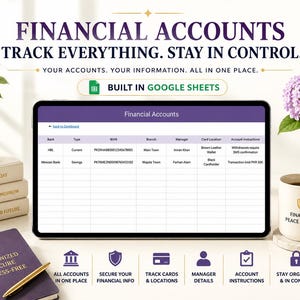May include: A digital tablet displaying a financial accounts spreadsheet, with the text "Financial Accounts" at the top. The image includes a coffee mug, a notebook, and a stack of books. The text on the mug reads "Financial Peace of Mind."