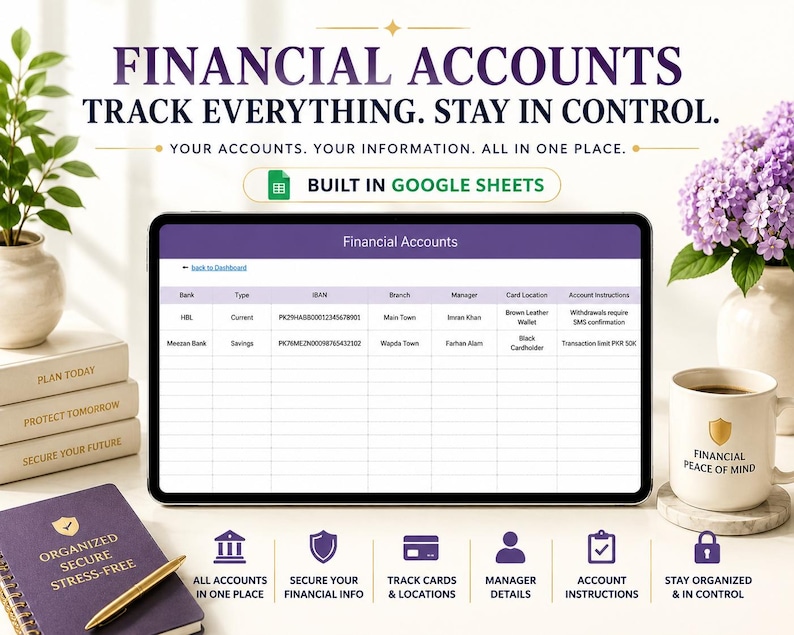 May include: A digital tablet displaying a financial accounts spreadsheet, with the text "Financial Accounts" at the top. The image includes a coffee mug, a notebook, and a stack of books. The text on the mug reads "Financial Peace of Mind."