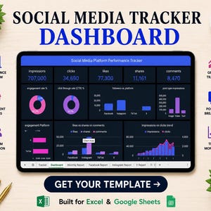 May include: A digital tablet displaying a Social Media Tracker Dashboard with dark mode interface, featuring various data visualizations, bar charts, and line graphs for performance metrics like impressions, clicks, likes, shares, and comments.