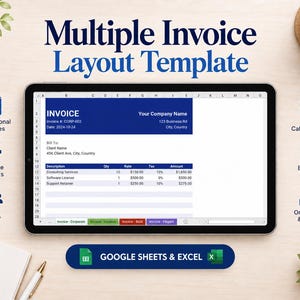 Könnte beinhalten: Ein digitales Tablet mit einer Vorlage für mehrere Rechnungs-Layouts für Google Sheets und Excel. Der Bildschirm zeigt ein blau-weißes Rechnungsformular mit Spalten für Beschreibung, Menge, Satz, Steuer und Betrag sowie verschiedene Reiter.