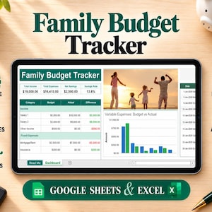 May include: A digital tablet displaying a Family Budget Tracker spreadsheet with columns for income, expenses, and savings. The screen shows financial data, a bar chart, and a photo of a family. Icons for income, expenses, savings, budget, actual, and date surround the tablet.