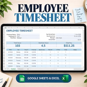 Op de afbeelding: Een digitale tablet met een urenregistratiesjabloon voor werknemers in Google Sheets en Excel. Het scherm toont velden voor de naam van de werknemer, de loonperiode en het uurtarief, met een tabel voor het bijhouden van uren.