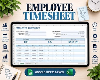 Employee Timesheet Template | Excel and Google Sheets | Payroll Calculator | Employee Hours Tracker | Attendance and Overtime Log