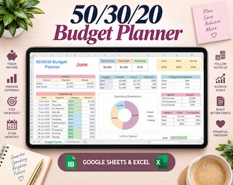 50/30/20 Budget Spreadsheet | Excel and Google Sheets | Monthly Budget Planner | Paycheck Budget Tracker | Expense & Savings Planner