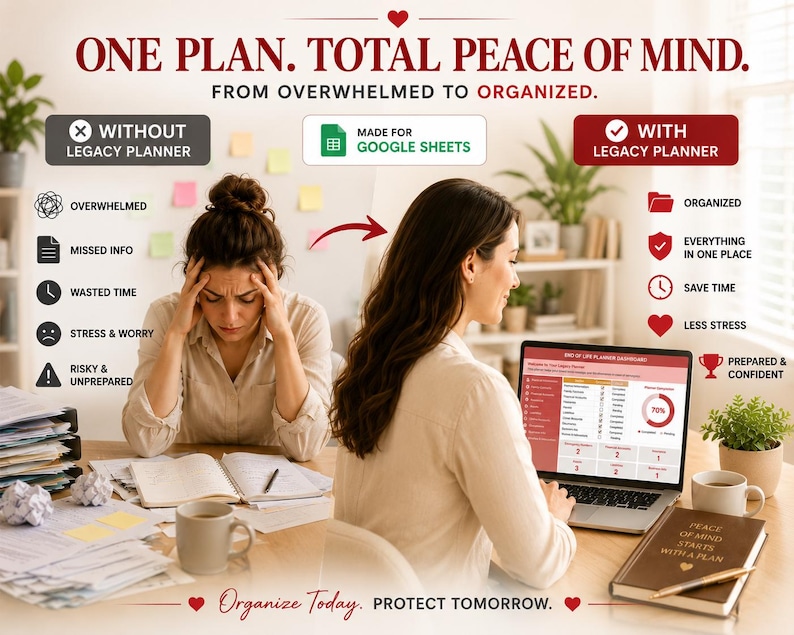 May include: Image promoting a Legacy Planner, contrasting the 'without' and 'with' scenarios. The 'without' side shows a stressed person surrounded by papers. The 'with' side depicts a person using a laptop, with the text "One Plan. Total Peace of Mind."