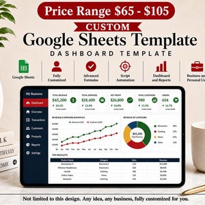 以下が含まれることがあります： ビジネス指標、収益グラフ、経費表を備えたカスタムGoogleスプレッドシートダッシュボードテンプレートを表示するデジタルタブレット。画面にはダークなサイドバーメニューと、データ視覚化および財務概要を含む白いメインインターフェースが表示されています。