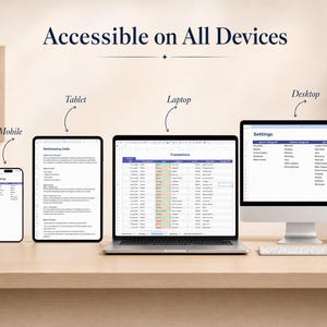 May include: A digital bookkeeping spreadsheet displayed across a mobile phone, tablet, laptop, and desktop computer. The screens show financial settings and transaction logs with columns for date, description, category, and amount in US dollars.