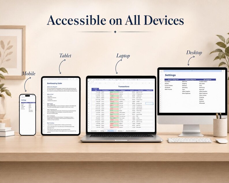 May include: A digital bookkeeping spreadsheet displayed across a mobile phone, tablet, laptop, and desktop computer. The screens show financial settings and transaction logs with columns for date, description, category, and amount in US dollars.