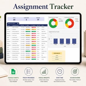 Op de afbeelding: Een digitale opdrachten-tracker weergegeven op een tabletscherm, met een tabel met kolommen voor cursus, opdrachtnaam, vervaldatum, status, prioriteit, geschatte tijd en notities, naast cirkel- en staafdiagrammen die de status en prioriteit visualiseren.