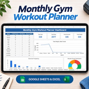 May include: A digital tablet displaying a Monthly Gym Workout Planner dashboard with data tables, a line graph for weight trends, and a pie chart for muscle group distribution. The screen shows Google Sheets and Excel compatibility text.