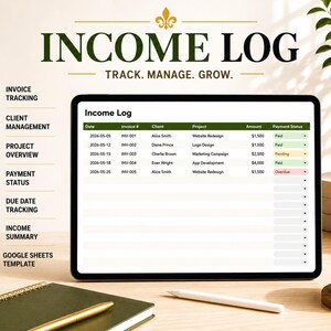 Op de afbeelding: Een inkomstenlogboek weergegeven op een tablet, met de tekst "Income Log" bovenaan. Het scherm toont een tabel met kolommen voor datum, factuurnummer, klant, project, bedrag en betalingsstatus. De tekst "Track. Manage. Grow." is ook zichtbaar.