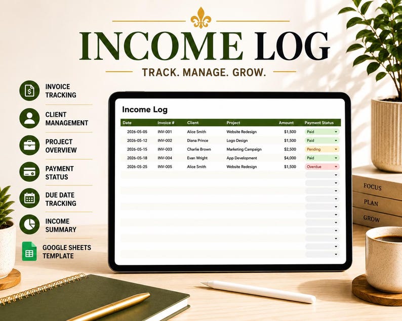 Op de afbeelding: Een inkomstenlogboek weergegeven op een tablet, met de tekst "Income Log" bovenaan. Het scherm toont een tabel met kolommen voor datum, factuurnummer, klant, project, bedrag en betalingsstatus. De tekst "Track. Manage. Grow." is ook zichtbaar.