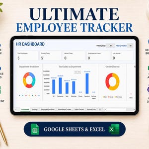 HR Employee Dashboard Template | Excel and Google Sheets | All-in-One Automated Employee Tracker | Customizable HR Spreadsheet