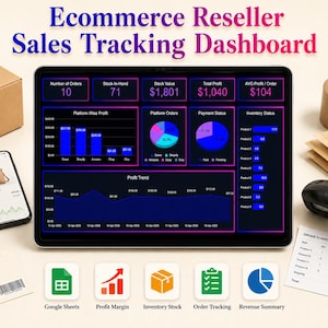 May include: An e-commerce sales tracking dashboard on a tablet, with data visualizations and key metrics. The screen displays order numbers, stock value, and profit trends. A smartphone, shipping box, and barcode scanner are also present.