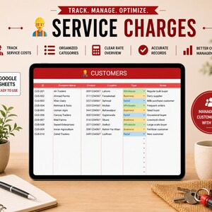 May include: A digital tablet displays a spreadsheet titled "CUSTOMERS" with data, including customer names, contact information, and types. The image includes the text "TRACK. MANAGE. OPTIMIZE. SERVICE CHARGES" and icons for cost tracking and organized categories.