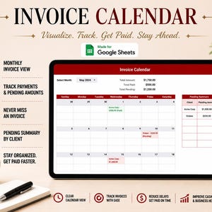 Peut inclure: Un mod&egrave;le de calendrier de facturation num&eacute;rique pour Google Sheets affich&eacute; sur un &eacute;cran de tablette. L'interface pr&eacute;sente une vue mensuelle avec suivi des paiements, montants en attente et totaux. Le texte inclut Invoice Calendar, Visualize, Track, Get Paid, Stay Ahead et Made for Google Sheets.