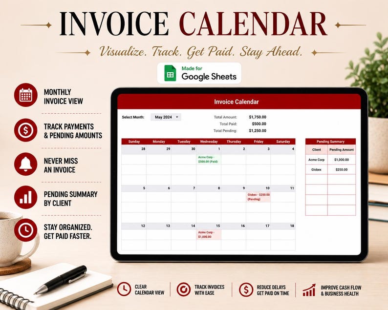 Peut inclure: Un mod&egrave;le de calendrier de facturation num&eacute;rique pour Google Sheets affich&eacute; sur un &eacute;cran de tablette. L'interface pr&eacute;sente une vue mensuelle avec suivi des paiements, montants en attente et totaux. Le texte inclut Invoice Calendar, Visualize, Track, Get Paid, Stay Ahead et Made for Google Sheets.