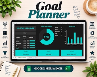 Goal Planner | Excel and Google Sheets | SMART Goal Setting Template | Goal Tracker & Vision Board | Yearly and Monthly Goals Planner