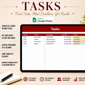 Peut inclure: Un mod&egrave;le num&eacute;rique de suivi des t&acirc;ches pour Google Sheets affich&eacute; sur un &eacute;cran de tablette. L'interface pr&eacute;sente un en-t&ecirc;te rouge intitul&eacute; Tasks avec des colonnes pour Task ID, Client, Description, Due Date et Status. Inclut des ic&ocirc;nes.