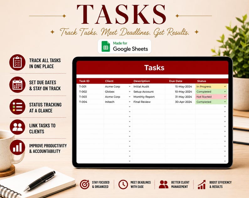 Peut inclure: Un mod&egrave;le num&eacute;rique de suivi des t&acirc;ches pour Google Sheets affich&eacute; sur un &eacute;cran de tablette. L'interface pr&eacute;sente un en-t&ecirc;te rouge intitul&eacute; Tasks avec des colonnes pour Task ID, Client, Description, Due Date et Status. Inclut des ic&ocirc;nes.