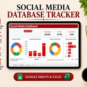 Social Media Tracker | Excel and Google Sheets | Content Planner | Instagram TikTok YouTube Pinterest | Monthly Content Calendar Template