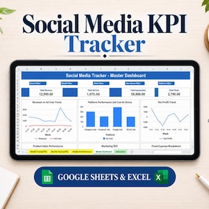 Puede incluir: Una tableta digital que muestra una hoja de cálculo Social Media KPI Tracker con un panel principal, con gráficos de ingresos, costes publicitarios y rendimiento, compatible con Google Sheets y Excel para el seguimiento de métricas sociales.