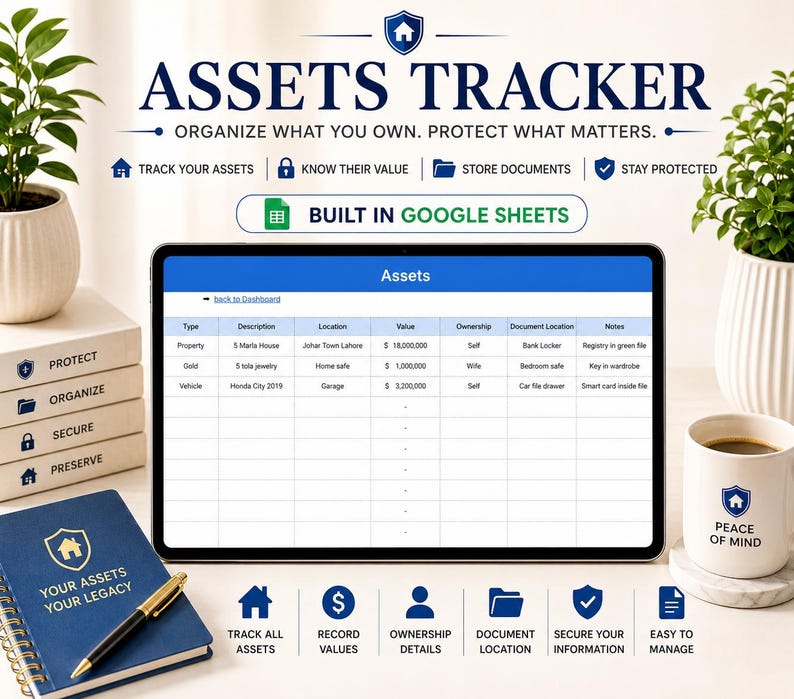 May include: A digital tablet displays an "Assets" spreadsheet, with text reading "Assets Tracker" and "Organize What You Own. Protect What Matters." A notebook, pen, and coffee mug are also visible. The image promotes asset tracking and organization.