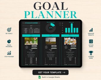 Goal Planner Google Sheets | SMART Goal Setting Template, Goal Tracker, Vision Board, Yearly & Monthly Goals, New Year Resolution Planner