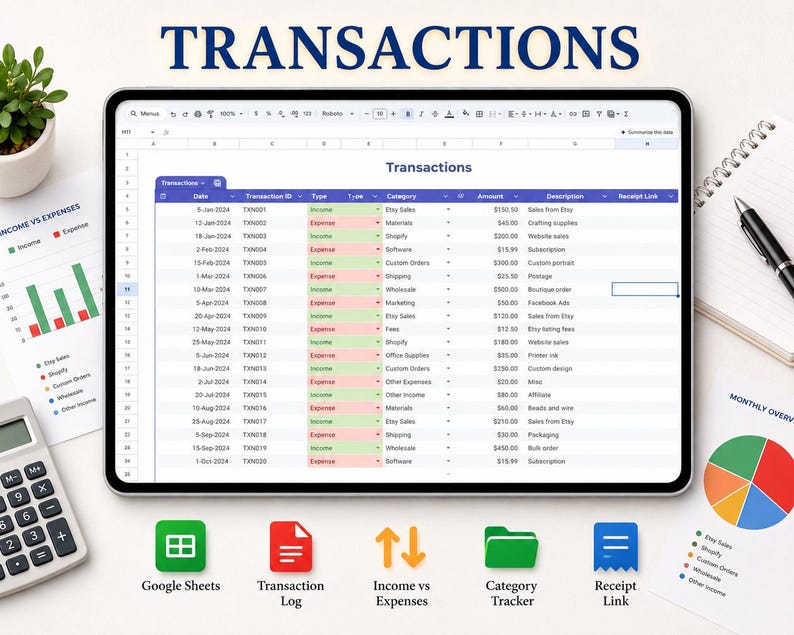 May include: A digital tablet displaying a spreadsheet titled Transactions with columns for Date, Transaction ID, Type, Category, Amount, Description, and Receipt Link. The table features rows of financial data with income and expense entries.