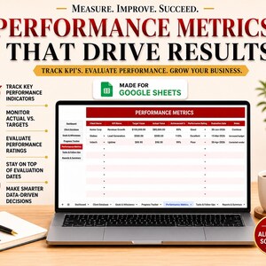 Puede incluir: Un port&aacute;til que muestra una hoja de c&aacute;lculo de "Performance Metrics", con el texto "Measure. Improve. Succeed." arriba. La imagen incluye una taza de caf&eacute;, un bloc de notas, un bol&iacute;grafo y una planta. El texto tambi&eacute;n dice "Track KPI's. Evaluate Performance. Grow Your Business."