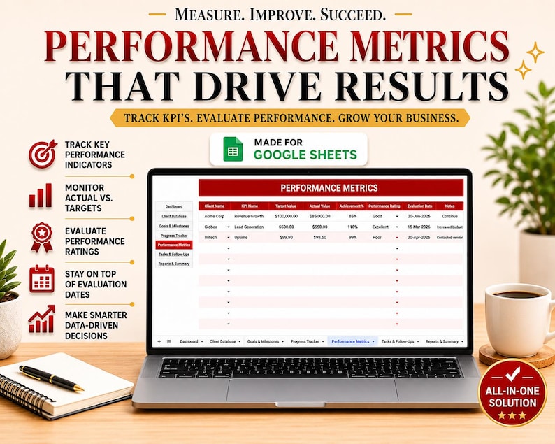 Puede incluir: Un port&aacute;til que muestra una hoja de c&aacute;lculo de "Performance Metrics", con el texto "Measure. Improve. Succeed." arriba. La imagen incluye una taza de caf&eacute;, un bloc de notas, un bol&iacute;grafo y una planta. El texto tambi&eacute;n dice "Track KPI's. Evaluate Performance. Grow Your Business."