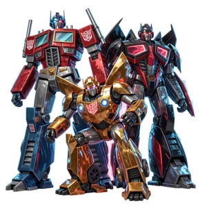 May include: Three robotic figures standing together. The left figure is red and blue with silver accents. The centre figure is gold and bronze with blue glowing circular chest details. The right figure is black and red with glowing red eyes.