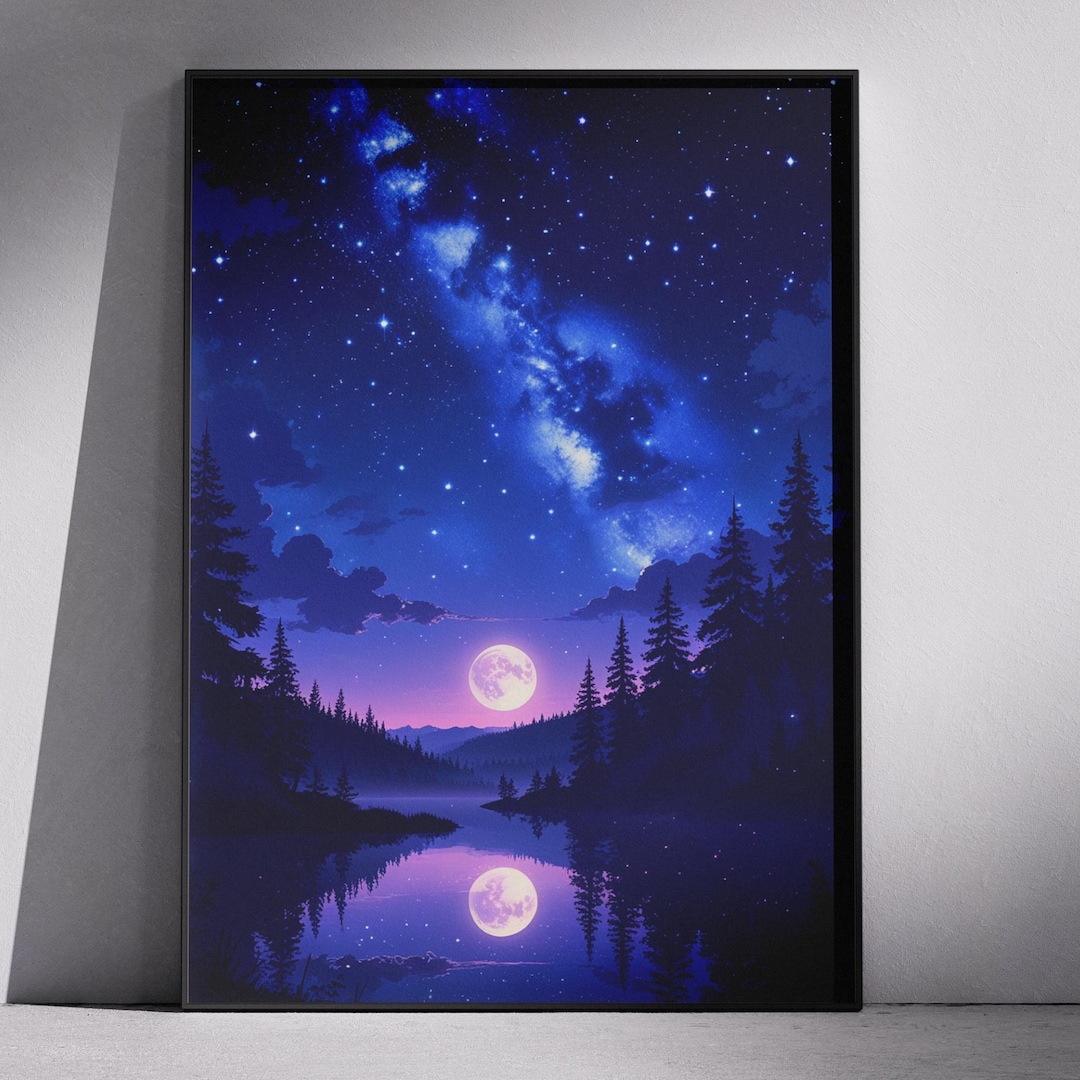 Magical Night Sky Wall Art Print: Full Moon & Milky Way Forest ...