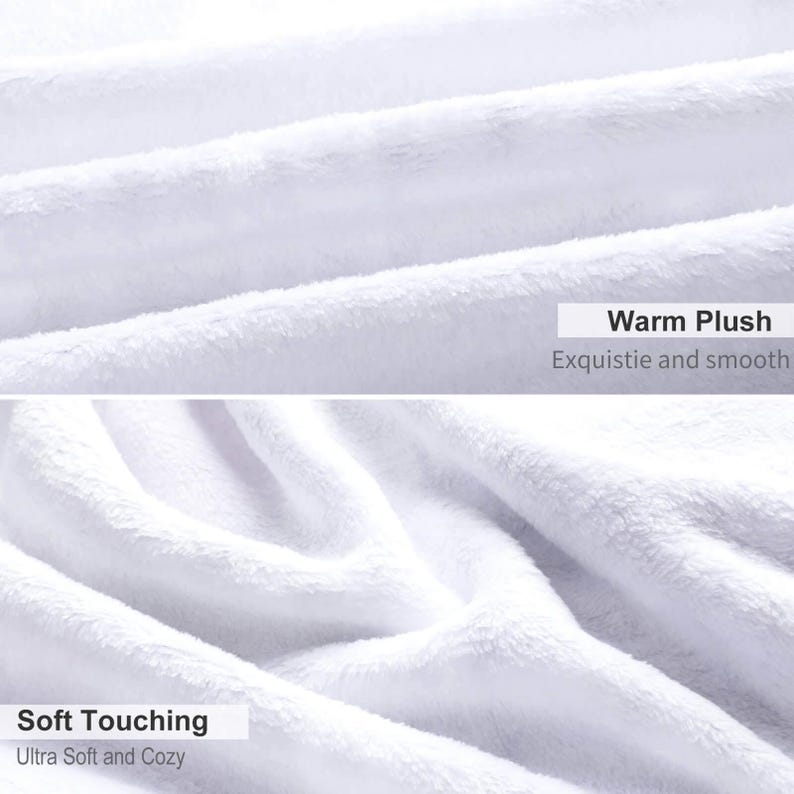 Puede incluir: Primer plano de una manta blanca y afelpada con pliegues suaves. El texto "Warm Plush, Exquisite and smooth" y "Soft Touching, Ultra Soft and Cozy" son visibles. La manta parece estar hecha de un material suave y esponjoso.