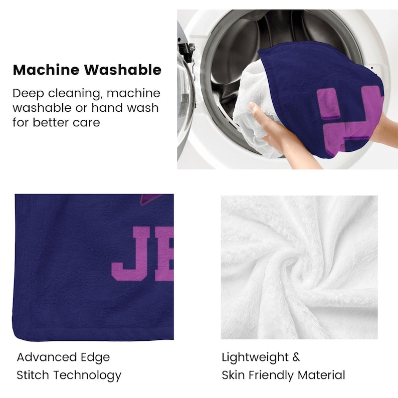 Puede incluir: Una manta azul marino con las letras "JB" en morado. La imagen muestra la manta lav&aacute;ndose en una lavadora. La imagen tambi&eacute;n muestra las caracter&iacute;sticas de la manta: lavable a m&aacute;quina, tecnolog&iacute;a de costura de borde avanzado y material ligero y agradable para la piel.