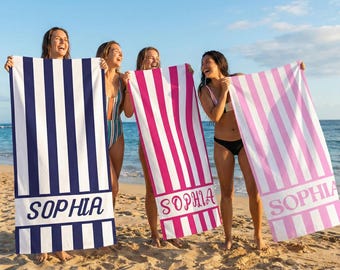 Toalla de playa a rayas personalizada con nombre, toalla de playa a rayas personalizada, toalla de playa con nombre para vacaciones de verano, toalla de playa personalizada para fiesta
