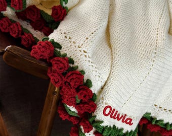 Manta de ramo de rosas de ganchillo personalizada, manta con nombre bordado, manta de flores de rosas de punto, regalos para el Día de la Madre, manta de rosas para mamá