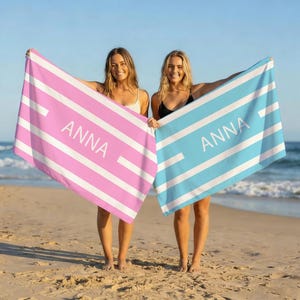 Toalla de playa a rayas personalizada con nombre, toalla de playa a rayas personalizada, toalla de playa de secado rápido, toalla para vacaciones en la playa, regalo para ella.