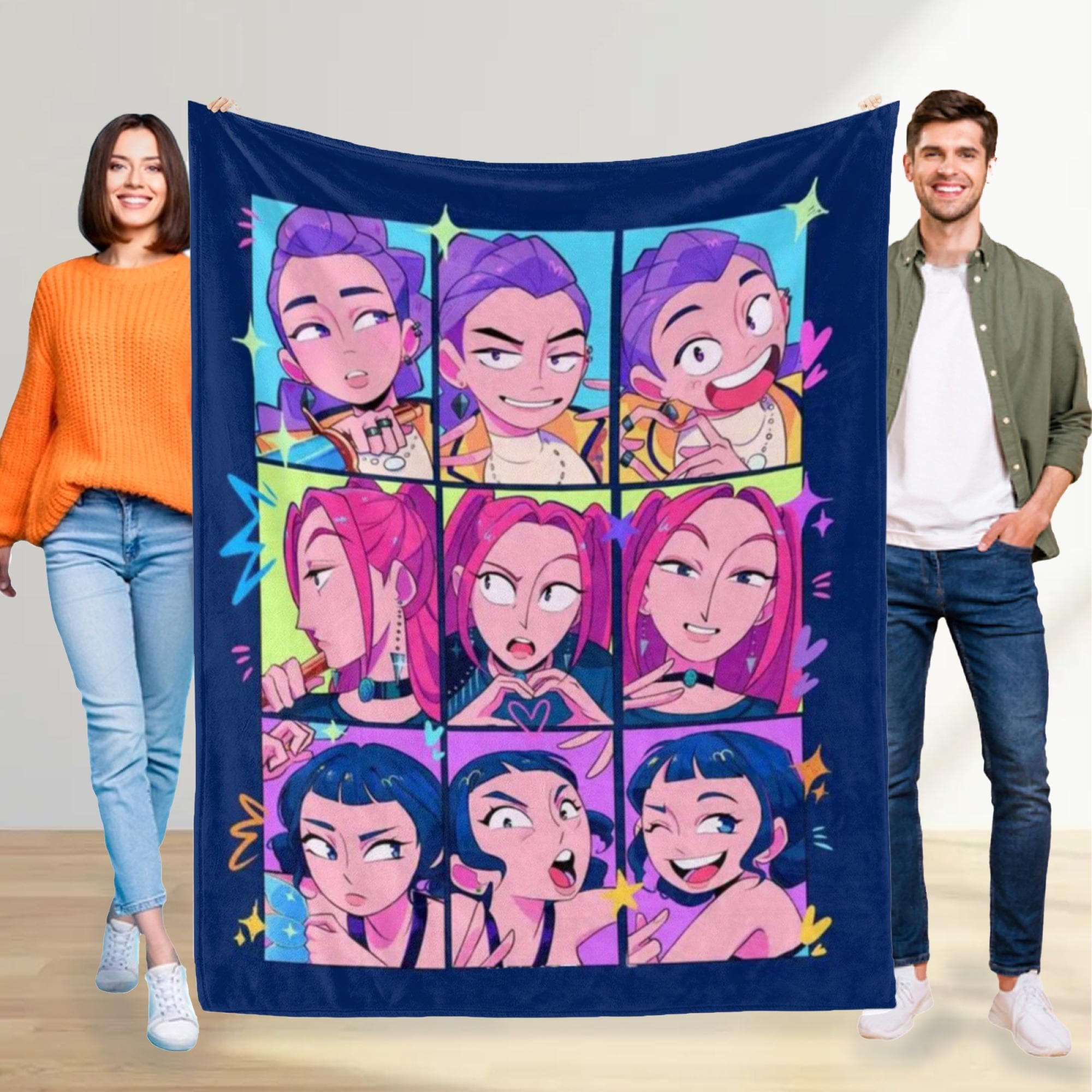 Discover Huntrix Kpop Demon Hunters Fleece Blanket, Anime-Inspired Throw, Kpop Idol Collage Blanket