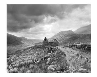 Black Valley Ireland Ruined Cottage Landscape Photography Print, Moody Irish Nature Wall Art, Black And White Photography Print