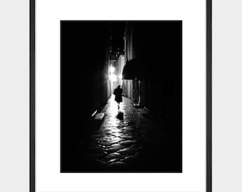 Paris Black And White Photography Print, Night Street Print, Moody Urban Wall Art, Minimalist Noir Silhouette Artwork, Black and White Paris
