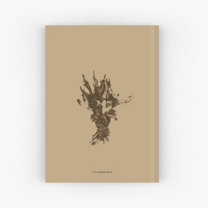 May include: A tan notebook with a brown abstract design in the center. The design resembles a tree or a hand. The website address www.wipptal-art.at is printed at the bottom of the notebook.