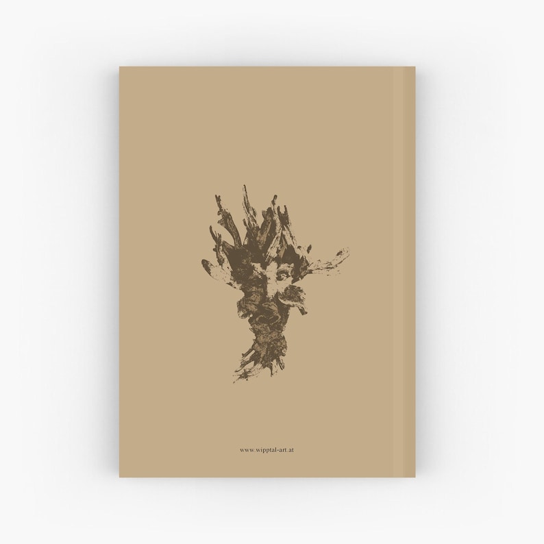 May include: A tan notebook with a brown abstract design in the center. The design resembles a tree or a hand. The website address www.wipptal-art.at is printed at the bottom of the notebook.