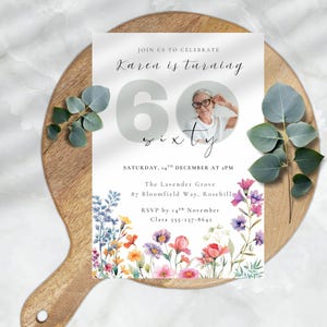 60th Birthday Invitation for Women, Sixty Birthday Party Invite, Bloom Floral Theme, Sixtieth Canva Template Printable, Digital DIY
