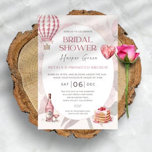 Petals and Prosecco Bridal Shower Invitations, Brunch Theme, Editable Floral Template, Pink Invite, Instant Download, Canva Template