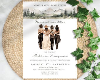 Mountains & Martinis Bachelorette Invitation, Rustic Girls Trip (Digital Invite)