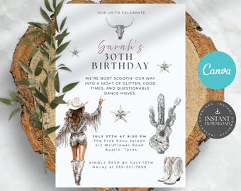 Disco Cowboy Cowgirl 30th Birthday Invitation, Personalized Party Invite, Editable Canva Template, Western Theme Celebration